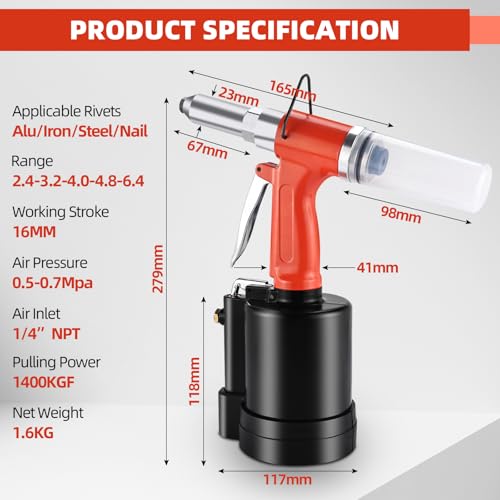 BTSHUB Pneumatic Rivet Gun 1/4" Hydraulic Air Rivet Tool Heavy Duty Riveting Machine Suitable for Manufacturing Fields - Image 3