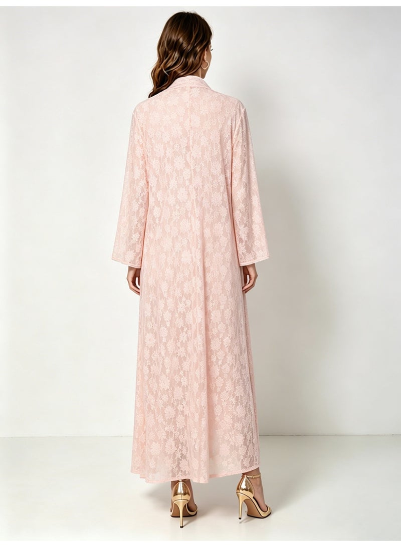 Kaiyuede Dubai Light Pink Lace Abaya with Pink & Gold Sequin Embroidery | Mandarin Collar Opaque Lined Modest Dress for Eid & Wedding - Image 3