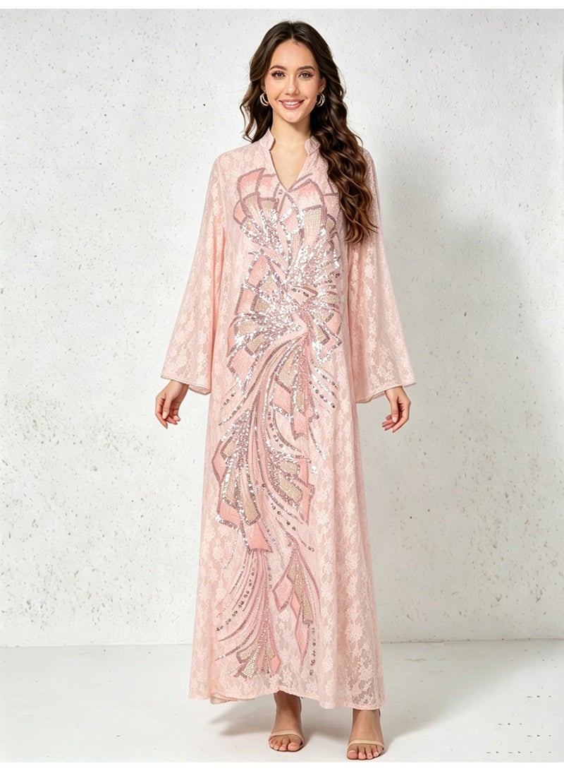 Kaiyuede Dubai Light Pink Lace Abaya with Pink & Gold Sequin Embroidery | Mandarin Collar Opaque Lined Modest Dress for Eid & Wedding - Image 1