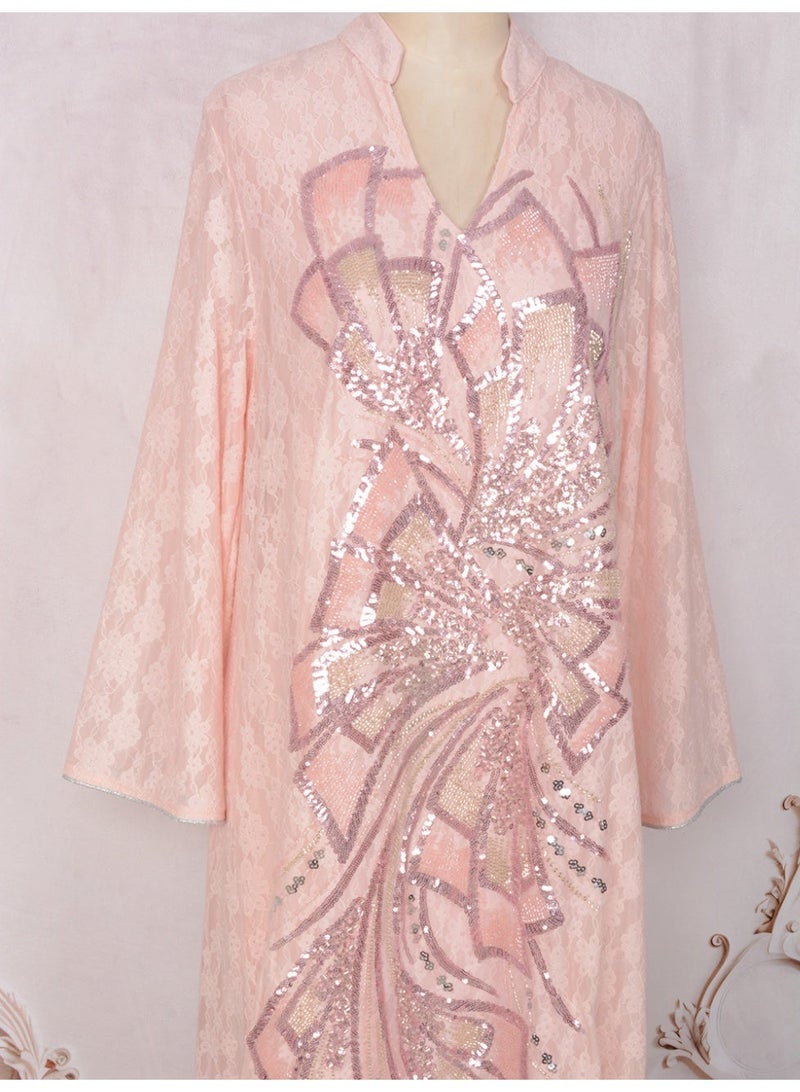 Kaiyuede Dubai Light Pink Lace Abaya with Pink & Gold Sequin Embroidery | Mandarin Collar Opaque Lined Modest Dress for Eid & Wedding - Image 2