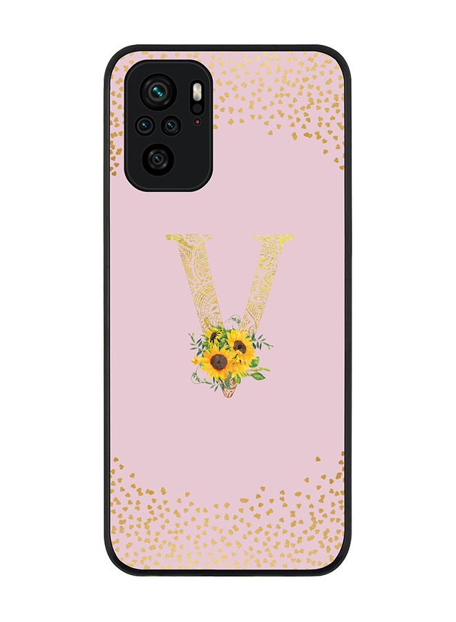 Rugged Black edge case for Redmi Note 10S/Redmi Note 10 4G Slim fit Soft Case Flexible Rubber Edges Anti Drop TPU Gel Thin Cover - Custom Monogram Initial Letter Floral Pattern Alphabet - V (Pink )