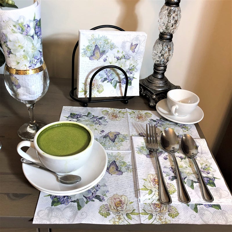 20-ct 13x13 Flower Love Floral Napkins Mother Day Paper Valentines Decorative Luncheon Dinner Vintage white, purple, tan, gray 6.5 x 1 inch - Image 2