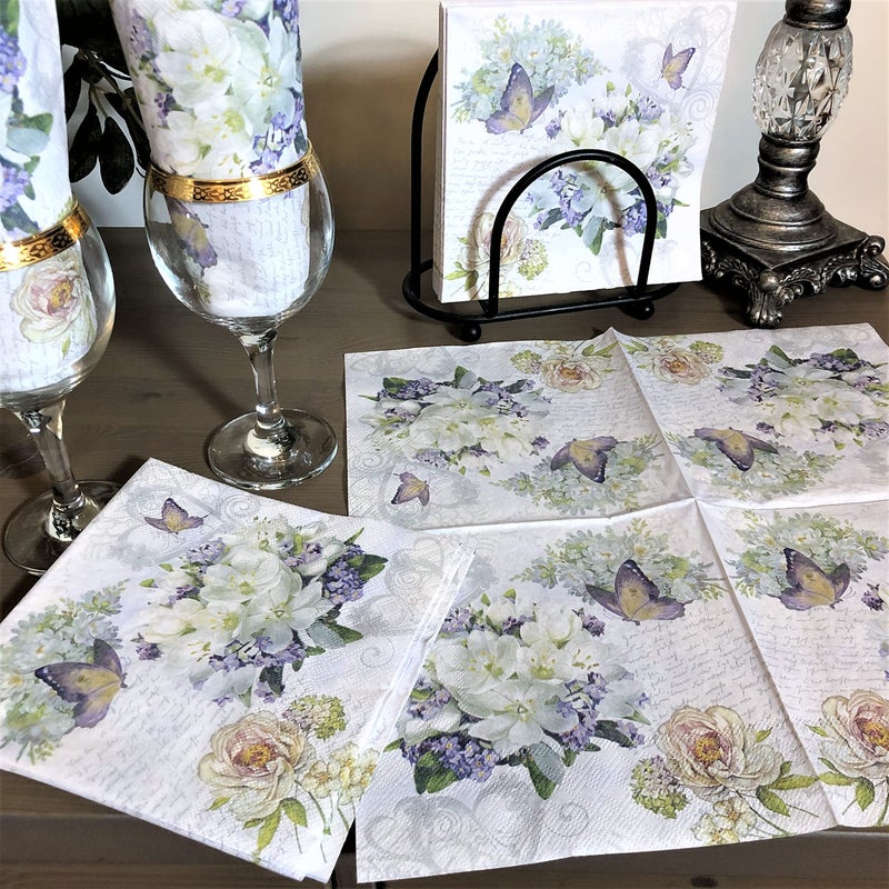 20-ct 13x13 Flower Love Floral Napkins Mother Day Paper Valentines Decorative Luncheon Dinner Vintage white, purple, tan, gray 6.5 x 1 inch - Image 3