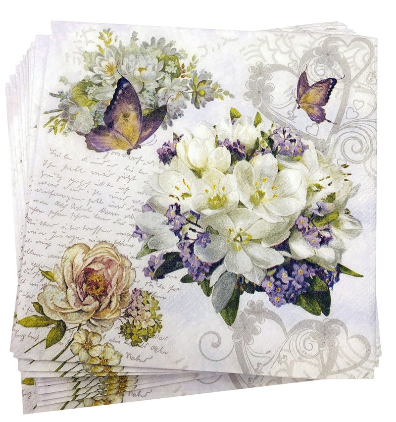 20-ct 13x13 Flower Love Floral Napkins Mother Day Paper Valentines Decorative Luncheon Dinner Vintage white, purple, tan, gray 6.5 x 1 inch - Image 1