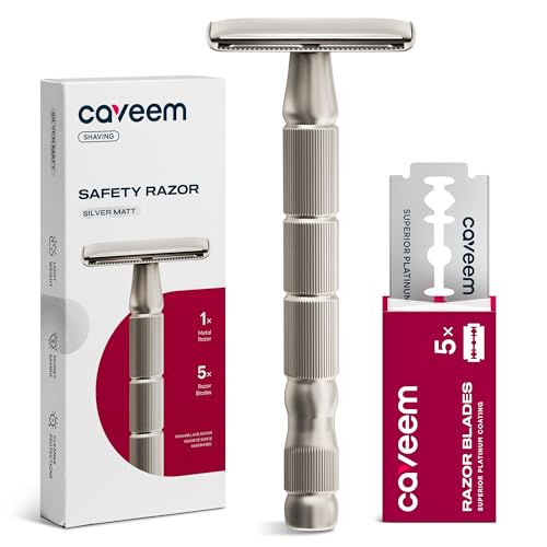 CAVEEM Double-Edge Safety Razor, Single-Blade Razors with 5 Stainless Steel Safety Razor Blades for Men and Women, Reusable Metal Razor â€“ Silver Matt - Image 1