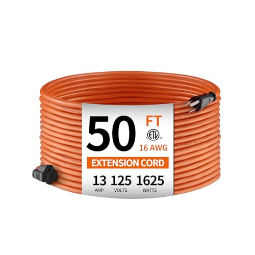 KTMC 50ft 16AWG Outdoor Extension Cord, Indoor/Outdoor 50-Foot SJTW 16/3 Gauge Extension Cable with Durable Weatherproof PVC Vinyl Jacket, 3-Prong Grounded Plug, ETL Certified 13A 1625W, Orange - Image 1