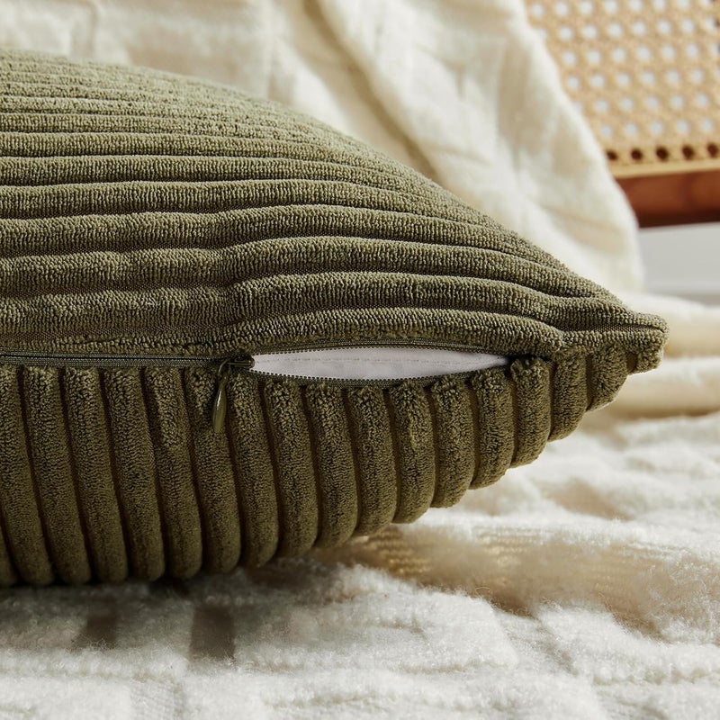 Fancy Homi 2 Packs Olive Green Lumbar Decorative Throw Pillow Covers 20x28 Inch for Living Room Couch Bed, Farmhouse Boho Home Decor, Soft Striped Corduroy Rectangle Accent Cushion Case 50x70 cm - Image 3