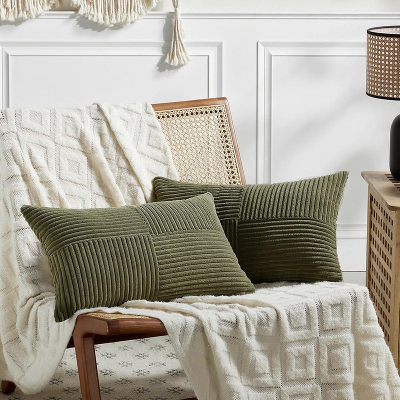 Fancy Homi 2 Packs Olive Green Lumbar Decorative Throw Pillow Covers 20x28 Inch for Living Room Couch Bed, Farmhouse Boho Home Decor, Soft Striped Corduroy Rectangle Accent Cushion Case 50x70 cm - Image 1