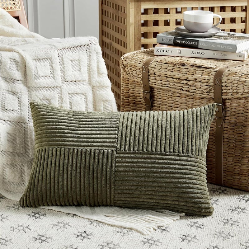 Fancy Homi 2 Packs Olive Green Lumbar Decorative Throw Pillow Covers 20x28 Inch for Living Room Couch Bed, Farmhouse Boho Home Decor, Soft Striped Corduroy Rectangle Accent Cushion Case 50x70 cm - Image 2
