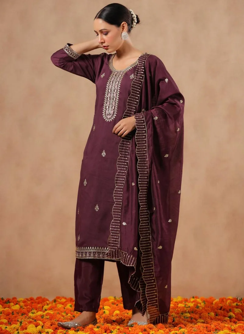 ISHIN  Women's Ethnic Wear POLY SILK Purple STRAIGHT Kurta Set w Dupatta for Women | Best Price UAE