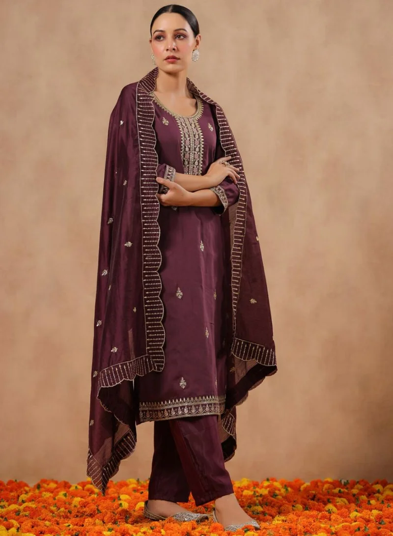 ISHIN  Women's Ethnic Wear POLY SILK Purple STRAIGHT Kurta Set w Dupatta for Women | Best Price UAE