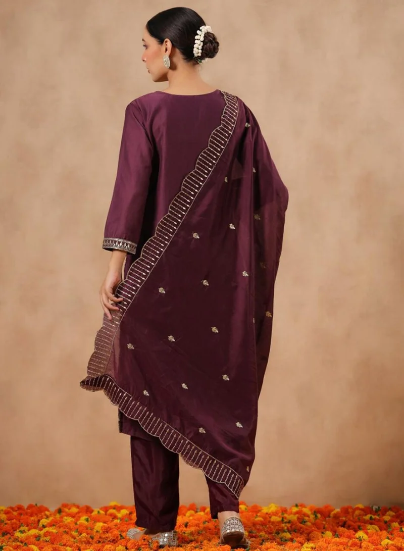 ISHIN  Women's Ethnic Wear POLY SILK Purple STRAIGHT Kurta Set w Dupatta for Women | Best Price UAE
