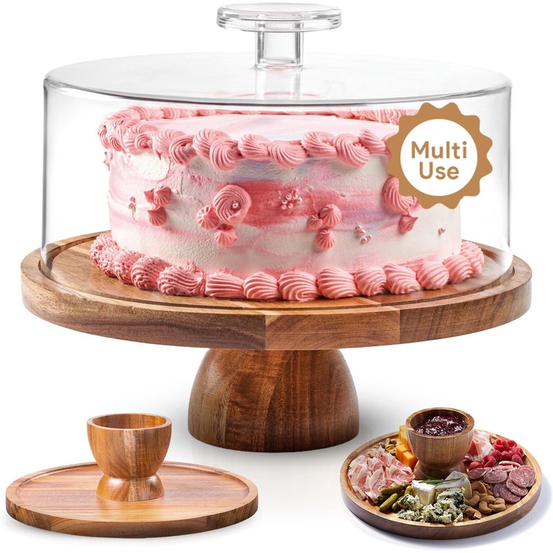 HOMESPHERE Acacia Wood Cake Stand with Lid  Multifunctional 12 In Round Cake Holder Dessert Table Display Set  Charcuterie Board for Cheese Chips Fruit Platter Acrylic Cake Dome Cover No Glass