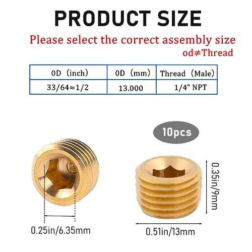 Sliverdew 10 PCS 1/4" NPT Male Pipe Plug Fitting Set Brass Hex Counter Sunk Plugs for Closing the End of Pipe, Internal Hex Socket Thread Plug Kit - Image 2