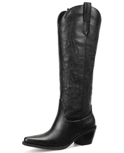 Pasuot Western Cowboy Boots for Women - Black Knee High Wide Calf Cowgirl Boots with Western Embroidered, Slip On Pointed Toe Chunky Heel Fashion Retro Classic Pull On Tall Boot for Ladies Size 10 - Image 1