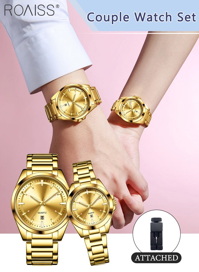roaiss 2 Pcs Light Luxurious Quartz Watch for Couple, Analog Display Round Gold Dial with Calendar Display, Luminous Waterproof Classic Fashion Wristwatch, as Gift for Men and Women - Image 1