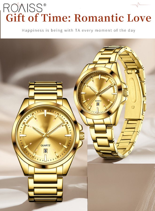 roaiss 2 Pcs Light Luxurious Quartz Watch for Couple, Analog Display Round Gold Dial with Calendar Display, Luminous Waterproof Classic Fashion Wristwatch, as Gift for Men and Women - Image 4