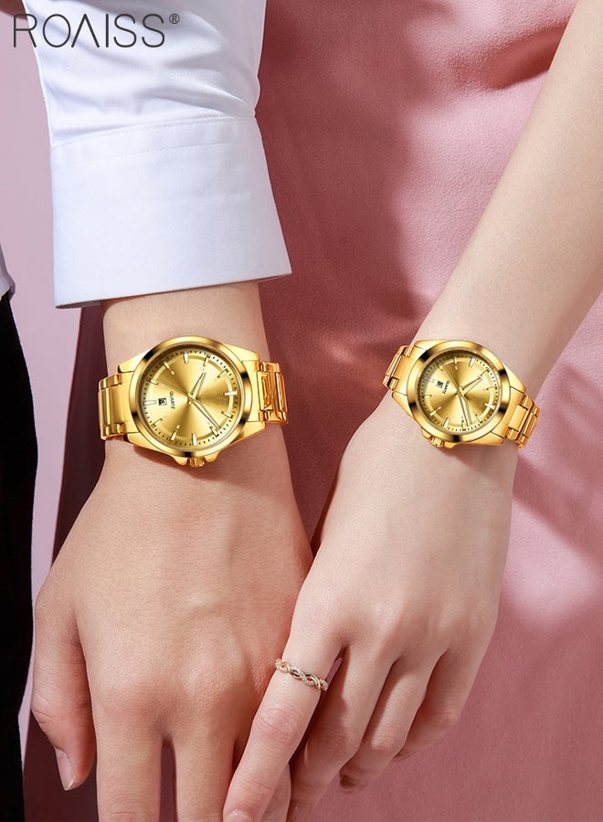 roaiss 2 Pcs Light Luxurious Quartz Watch for Couple, Analog Display Round Gold Dial with Calendar Display, Luminous Waterproof Classic Fashion Wristwatch, as Gift for Men and Women - Image 5