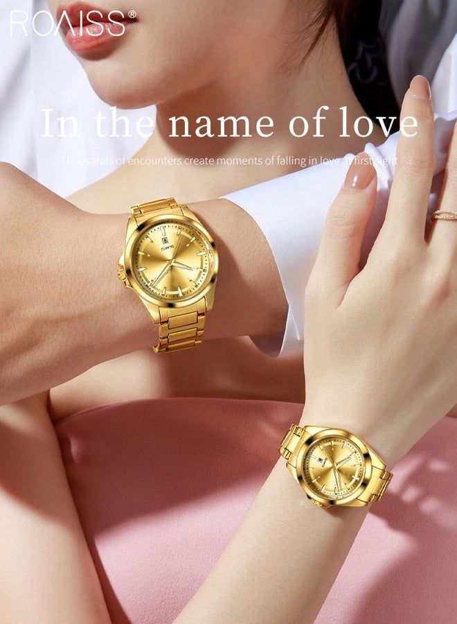 roaiss 2 Pcs Light Luxurious Quartz Watch for Couple, Analog Display Round Gold Dial with Calendar Display, Luminous Waterproof Classic Fashion Wristwatch, as Gift for Men and Women - Image 2