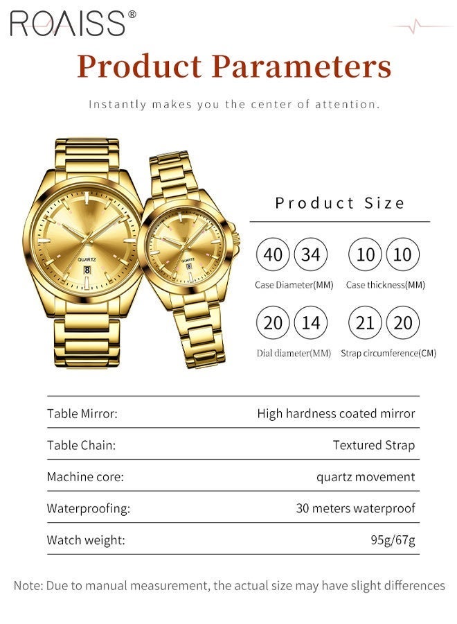 roaiss 2 Pcs Light Luxurious Quartz Watch for Couple, Analog Display Round Gold Dial with Calendar Display, Luminous Waterproof Classic Fashion Wristwatch, as Gift for Men and Women - Image 3