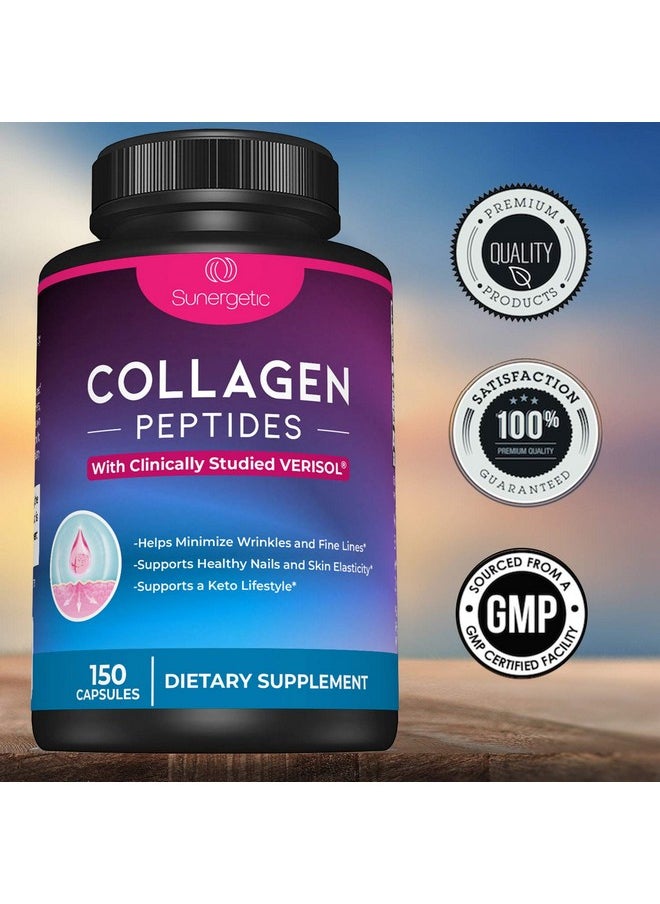 Sunergetic - Premium Collagen Peptides Capsules Includes 2500 Mg Of Verisol Collagen Peptides Type 1 & Type 3 Multi Collagen Supplement To Support Joint Health Hair Skin & Nails 150 Collagen Capsules - Image 1