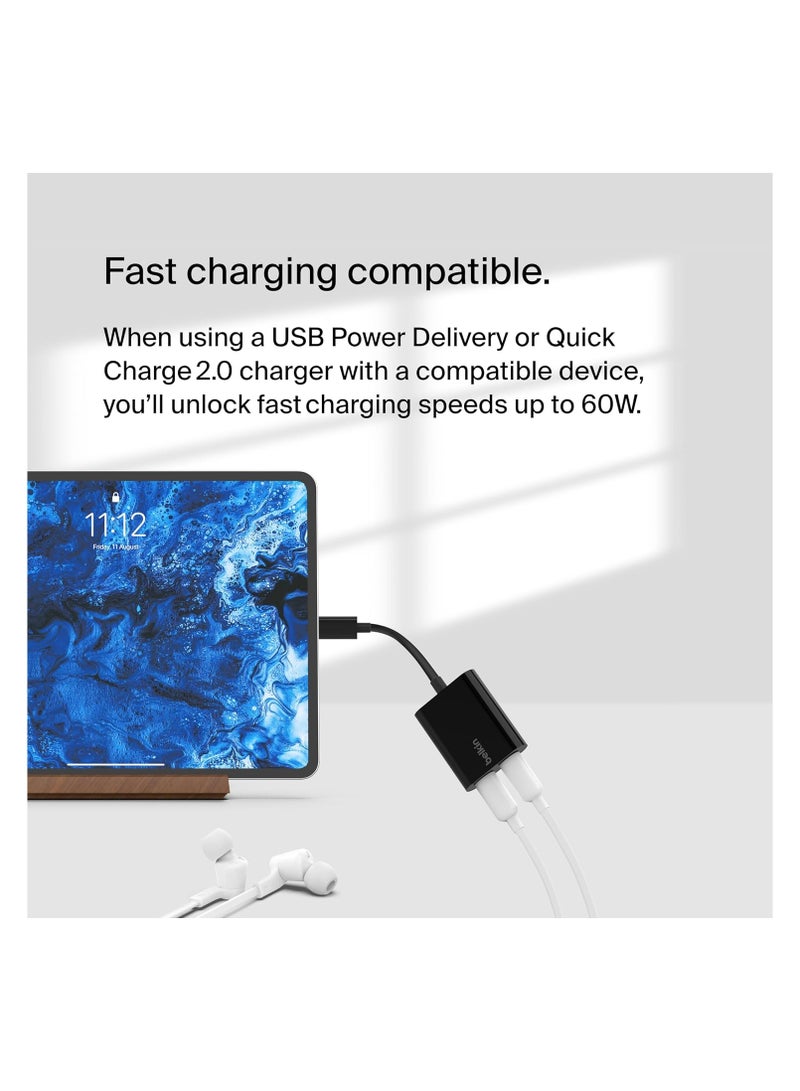Belkin RockStar™ USB-C Audio + Charge Adapter, Headphone Adapter w/ USB-C 60W Power Delivery Fast Charging for iPhone 15, iPad Pro, Galaxy, Note, Google Pixel, LG, Sony, OnePlus, and More - Black - Image 4