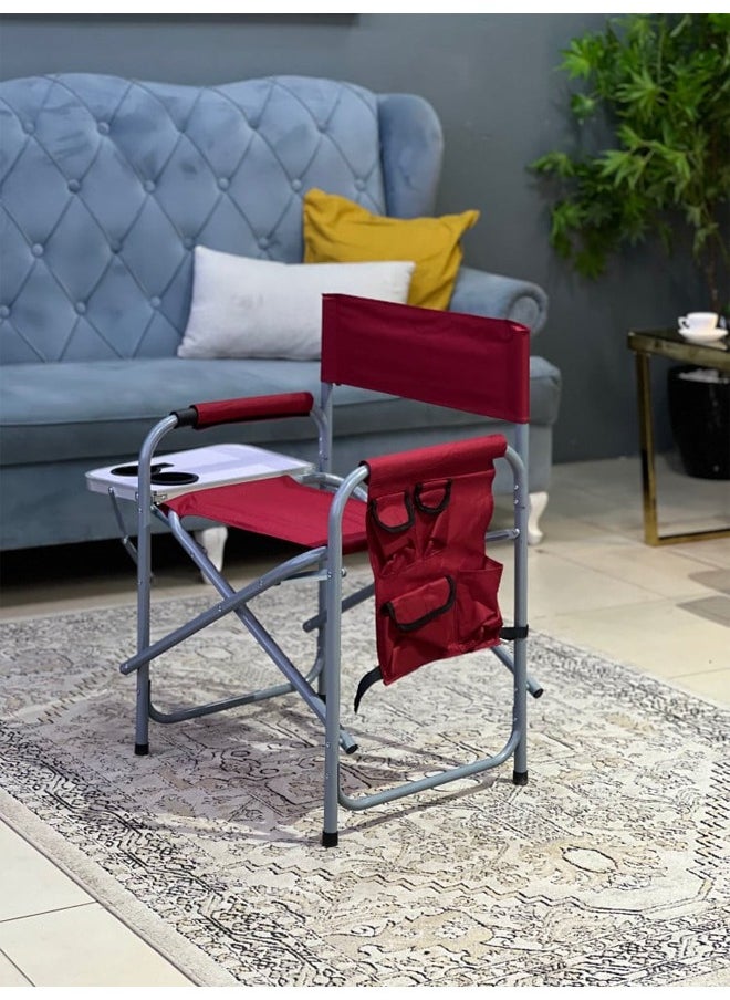 Generic - A foldable chair with a storage pocket and a side table with two cup slots for camping and trekking, red - Image 1