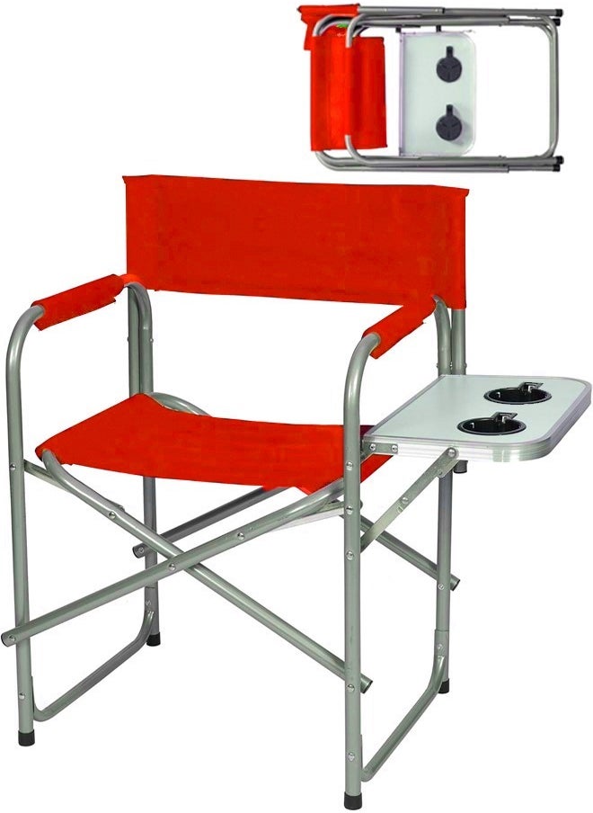 Generic - A foldable chair with a storage pocket and a side table with two cup slots for camping and trekking, red - Image 1