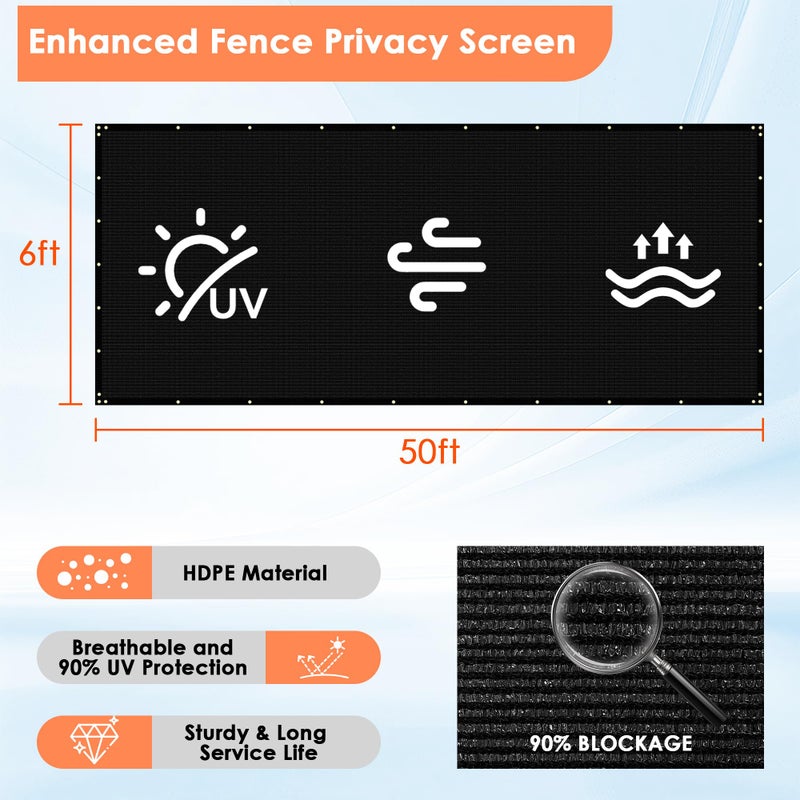 iCover 6x50ft Privacy Screen Fence, Outdoor Fencing Panels, Garden Windscreen Mesh Shade Sail Net Barrier, Include Reinforced Bindings and Brass Grommets Cable Zip Ties, Black - Image 3