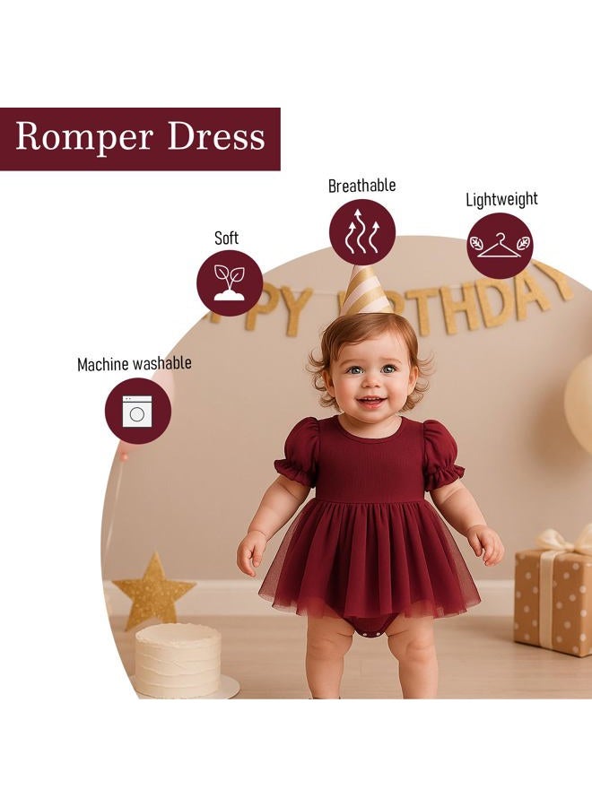 TENTIDE Newborn Baby Girl Romper Dress Ruffle Short Sleeve Solid Casual Tulle Dresses Baby Girl Clothes for Girls 0-24Months, Red, 0-3 Months - Image 2