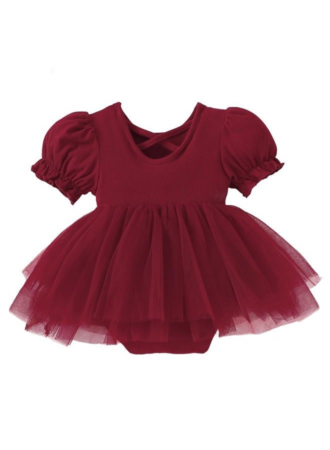 TENTIDE Newborn Baby Girl Romper Dress Ruffle Short Sleeve Solid Casual Tulle Dresses Baby Girl Clothes for Girls 0-24Months, Red, 0-3 Months - Image 1