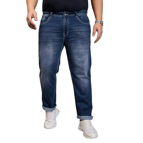 Bigbanana Plus Size Men's Regular Fit Washed Jeans (Malcolm,Blue,9XL) - Image 1