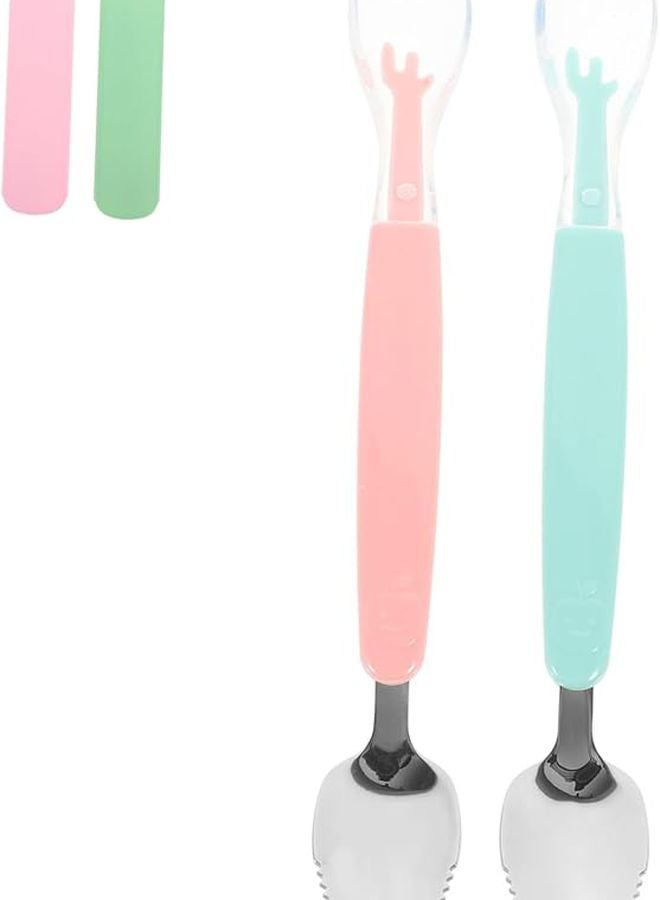 2 Set Stainless Steel Baby Spoon Soft Silicone Utensils for Weaning Durable Portable Tableware - Image 1