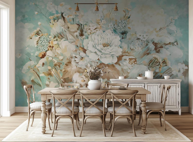 ASJ Vintage Floral Wall Mural â€“ Large White Peony Bloom on Blue Background, Removable Peel and Stick Wallpaper for Dining Room, Living Room, or Bedroom Decor - Image 1