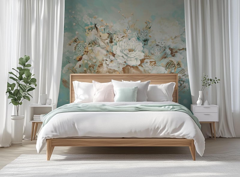 ASJ Vintage Floral Wall Mural â€“ Large White Peony Bloom on Blue Background, Removable Peel and Stick Wallpaper for Dining Room, Living Room, or Bedroom Decor - Image 3