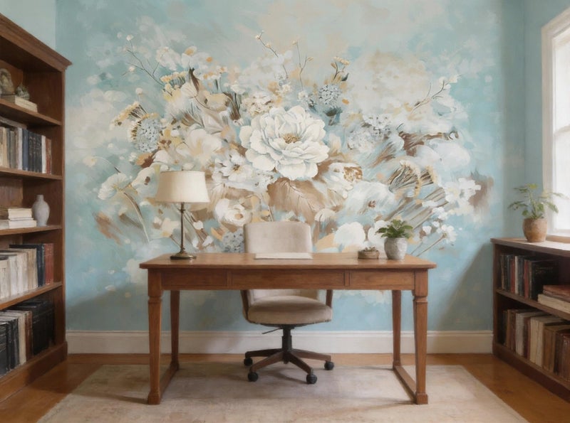 ASJ Vintage Floral Wall Mural â€“ Large White Peony Bloom on Blue Background, Removable Peel and Stick Wallpaper for Dining Room, Living Room, or Bedroom Decor - Image 5