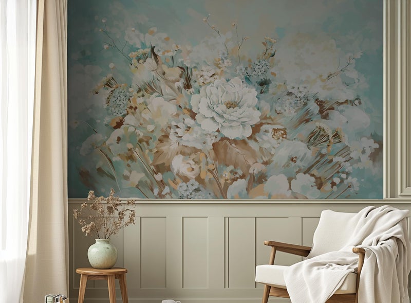 ASJ Vintage Floral Wall Mural â€“ Large White Peony Bloom on Blue Background, Removable Peel and Stick Wallpaper for Dining Room, Living Room, or Bedroom Decor - Image 2