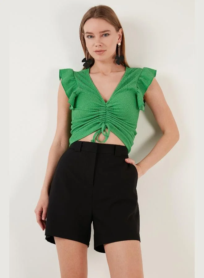 Lela Slim Cut Crop Blouse with Ruffled Sleeves and Gathered Detail Women's Blouse 5865015