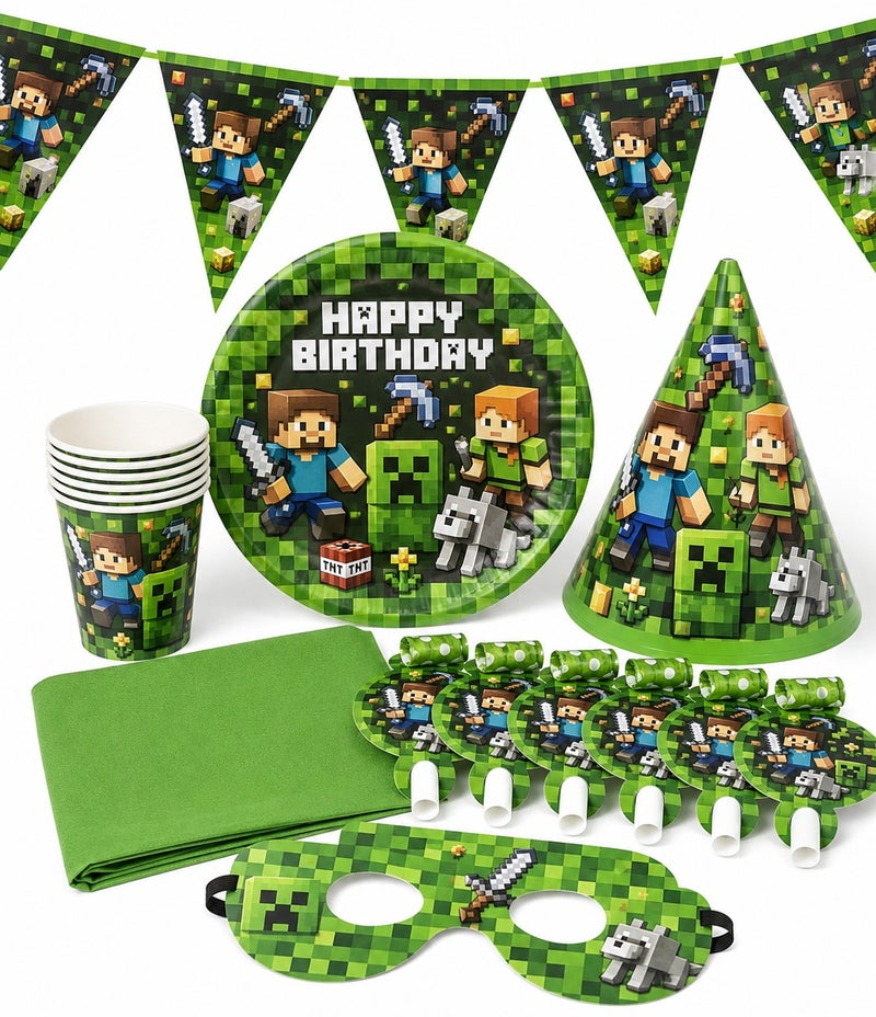 MINECRAFT Pixel Game Theme Birthday Party Decoration Set With Paper Cups Party Hats Happy Birthday Banner Napkins Favor Boxes And Table Decor For Kids - Image 1