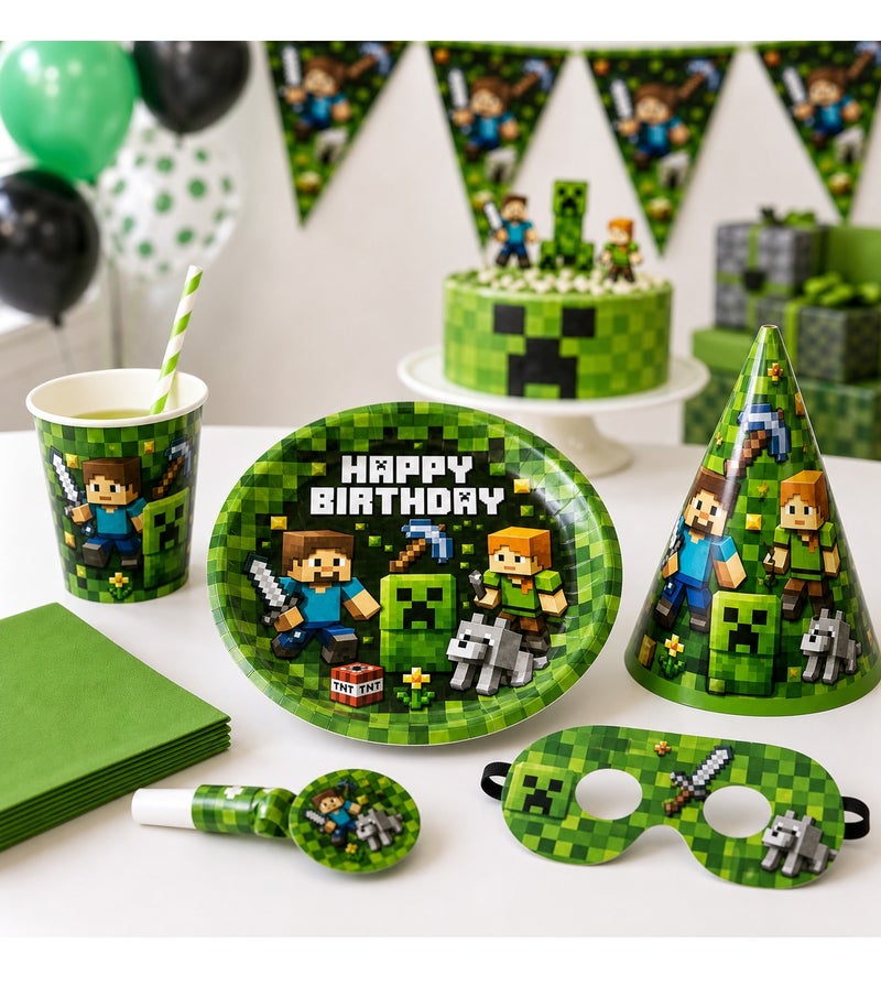 MINECRAFT Pixel Game Theme Birthday Party Decoration Set With Paper Cups Party Hats Happy Birthday Banner Napkins Favor Boxes And Table Decor For Kids - Image 2