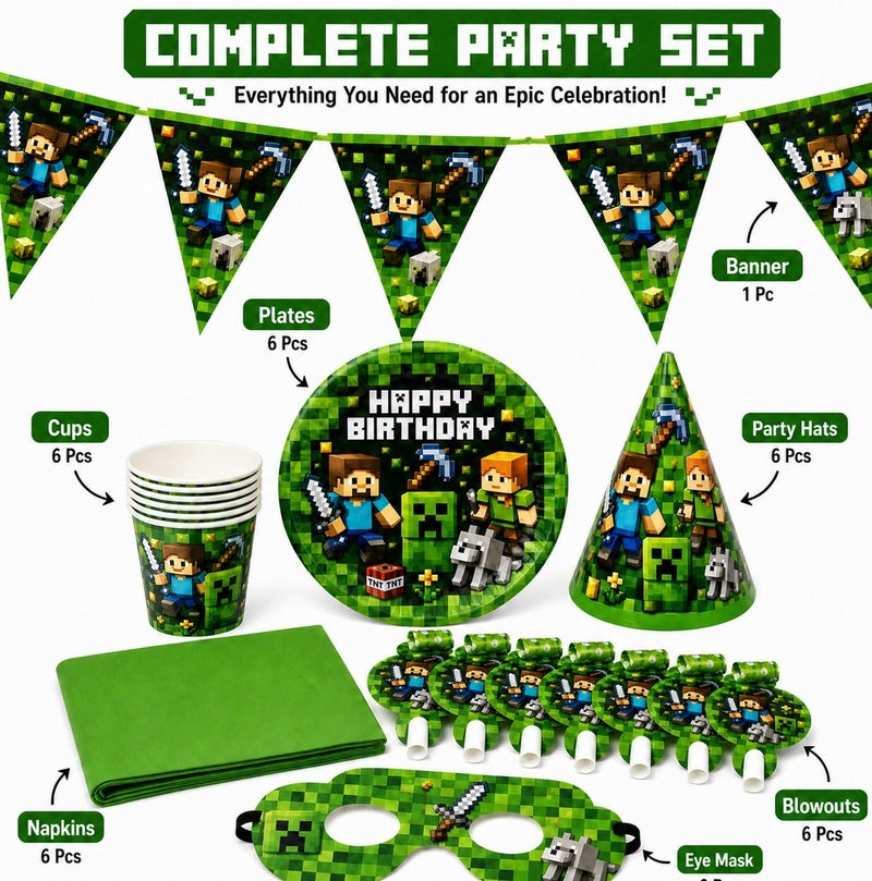 MINECRAFT Pixel Game Theme Birthday Party Decoration Set With Paper Cups Party Hats Happy Birthday Banner Napkins Favor Boxes And Table Decor For Kids - Image 3
