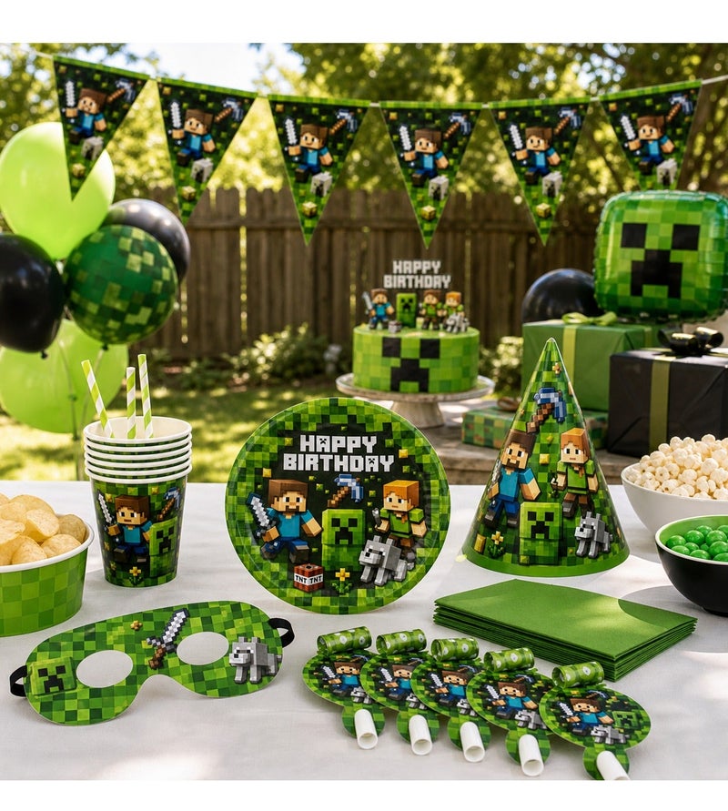 MINECRAFT Pixel Game Theme Birthday Party Decoration Set With Paper Cups Party Hats Happy Birthday Banner Napkins Favor Boxes And Table Decor For Kids - Image 5