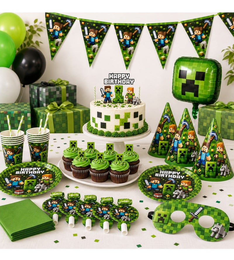 MINECRAFT Pixel Game Theme Birthday Party Decoration Set With Paper Cups Party Hats Happy Birthday Banner Napkins Favor Boxes And Table Decor For Kids - Image 4
