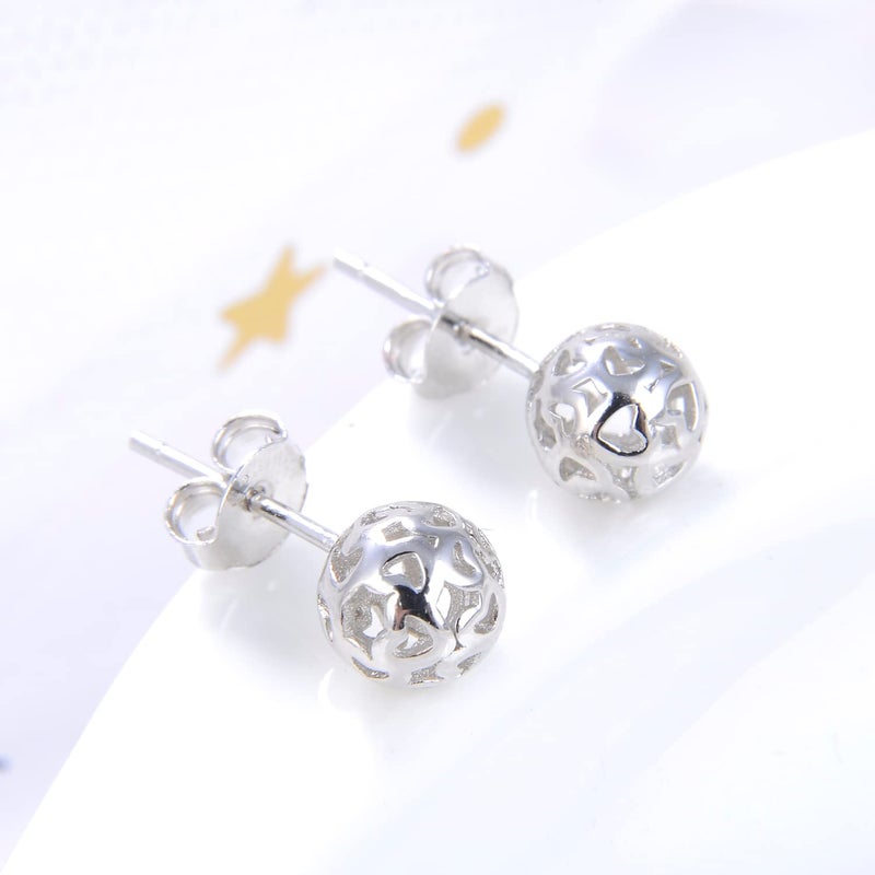Dankadi Bohemian Women 925 Sterling Silver Earrings - 7mm Hollow Pattern Ball Pendant - Silver Stud Earrings - 24k Gold Plating Fine Jewelry Gifts - Image 4