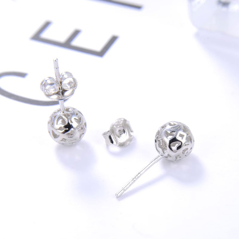 Dankadi Bohemian Women 925 Sterling Silver Earrings - 7mm Hollow Pattern Ball Pendant - Silver Stud Earrings - 24k Gold Plating Fine Jewelry Gifts - Image 5