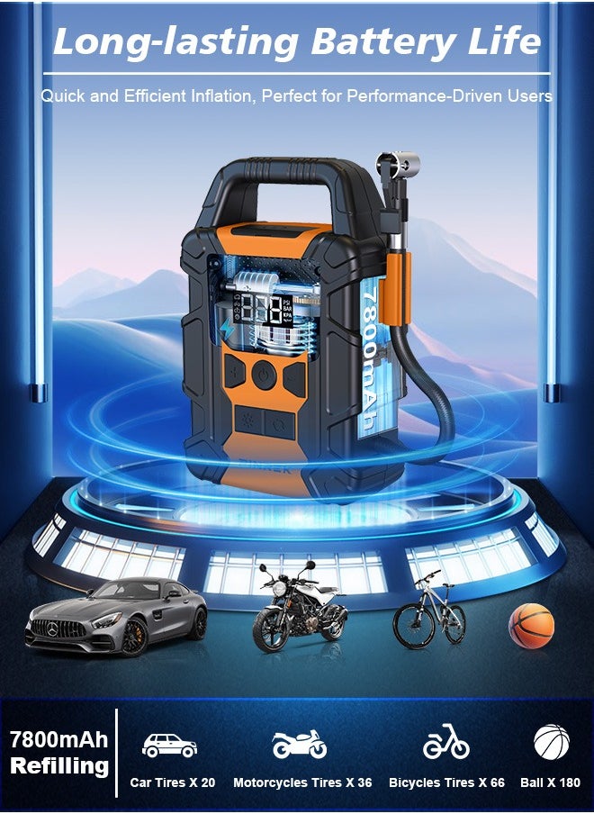 PINREK Digital Car Tyre Inflator,Portable Tire Inflator,Electric Air Compressor with 25mm Cylinder/7800mAh Battery Power Bank/Auto Stop/LED Light/LCD Screen/Handle,150 PSI Fast Cordless Air Pump for Car,Motorcycle,Bicycle,Ball Air Mattress  - Image 4