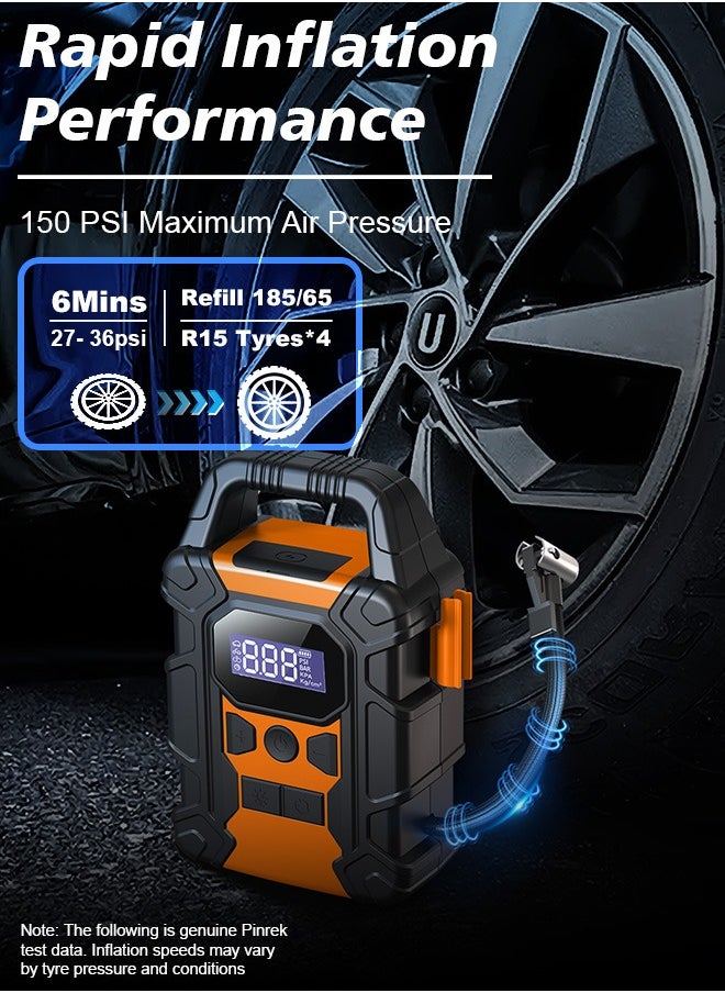 PINREK Digital Car Tyre Inflator,Portable Tire Inflator,Electric Air Compressor with 25mm Cylinder/7800mAh Battery Power Bank/Auto Stop/LED Light/LCD Screen/Handle,150 PSI Fast Cordless Air Pump for Car,Motorcycle,Bicycle,Ball Air Mattress  - Image 2