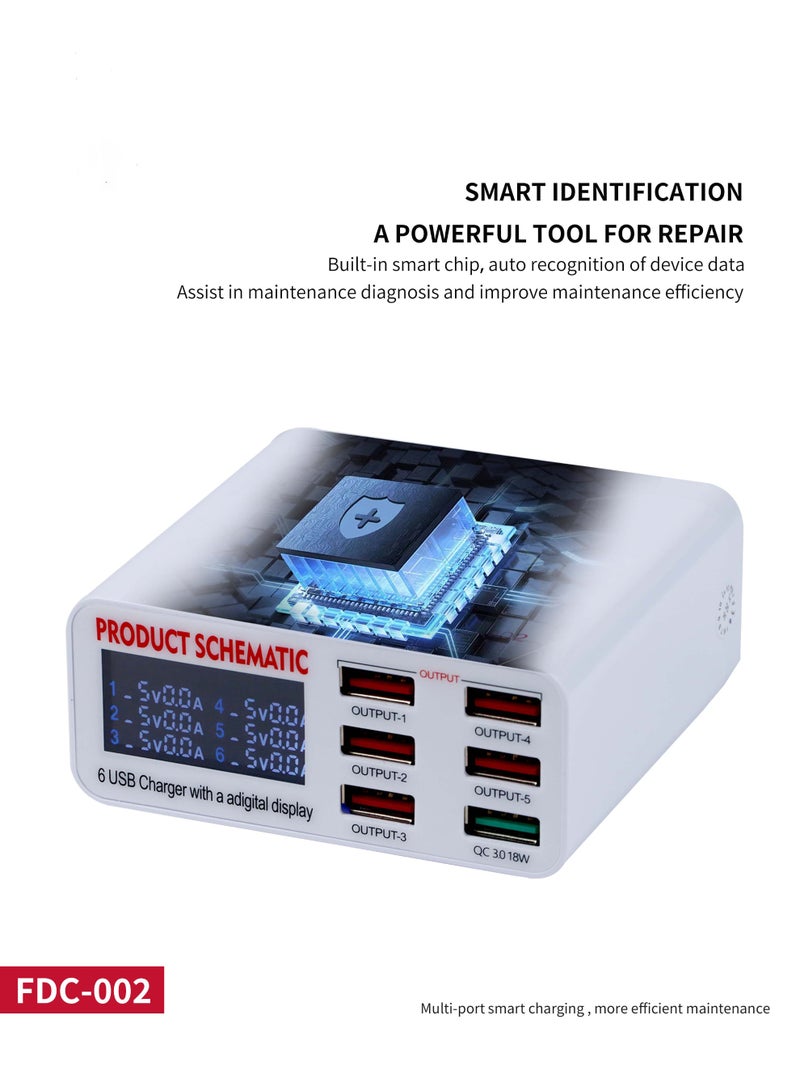 FLYCDI FDC-002 6-Port USB Charger with Digital Display, Universal AC 100-240V, Multi-Protection System, Global Plug Compatibility, Smart Charging Hub - Image 1