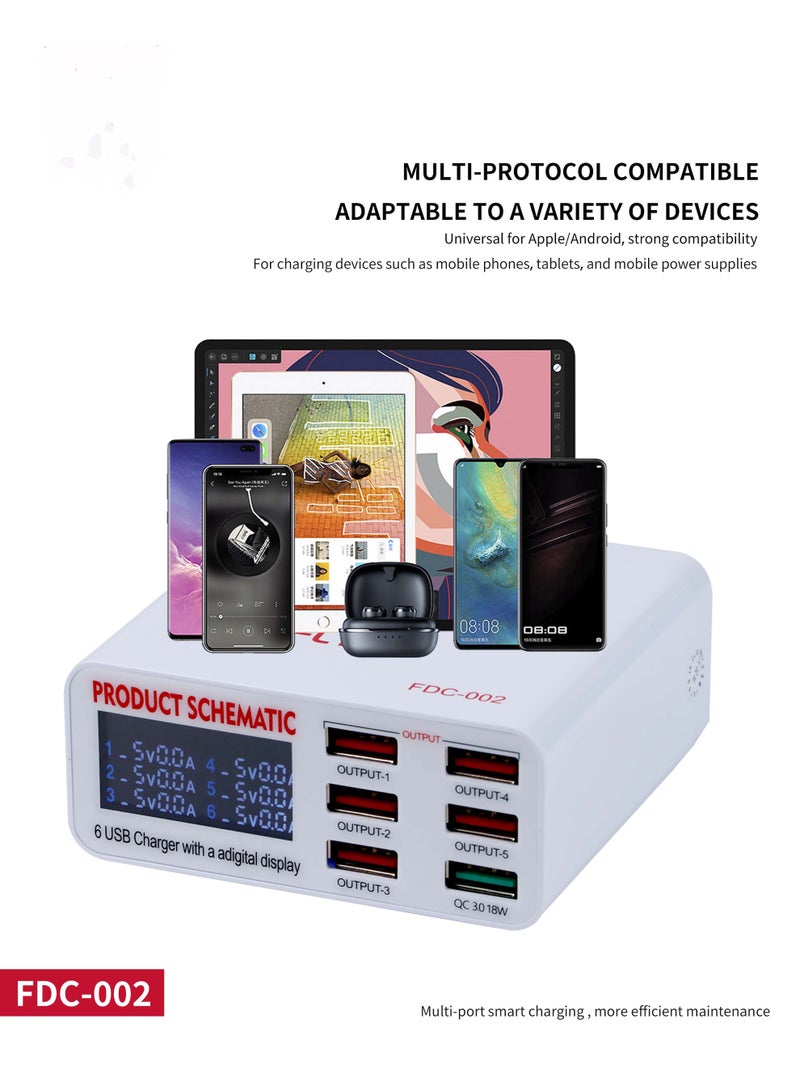 FLYCDI FDC-002 6-Port USB Charger with Digital Display, Universal AC 100-240V, Multi-Protection System, Global Plug Compatibility, Smart Charging Hub - Image 4