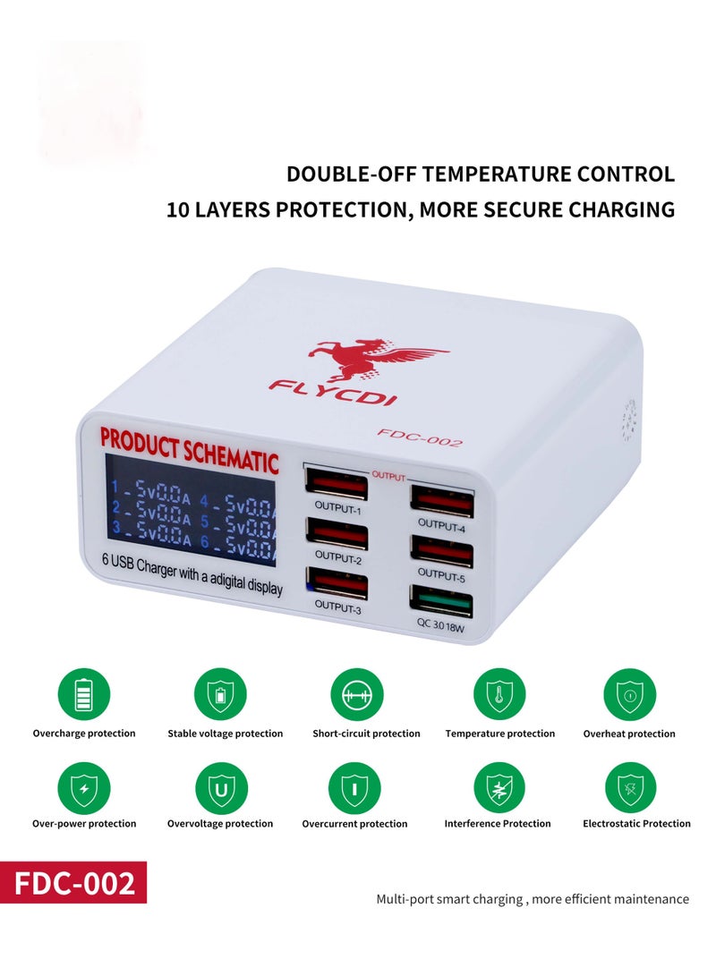 FLYCDI FDC-002 6-Port USB Charger with Digital Display, Universal AC 100-240V, Multi-Protection System, Global Plug Compatibility, Smart Charging Hub - Image 3